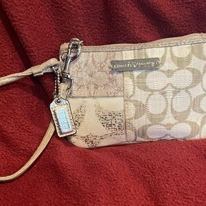 Coach Elegant Patchwork Signature Beige Wristlet with Gold Accents